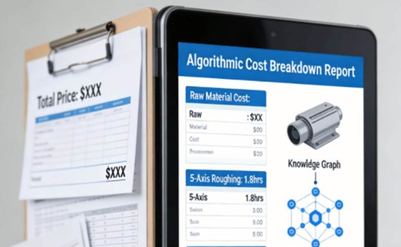 : A detailed comparison: a vague, single-figure “black box” quote versus a transparent, algorithmic cost model that itemizes material, programming, machining time, and finishing costs, demystifying manufacturing expenses.