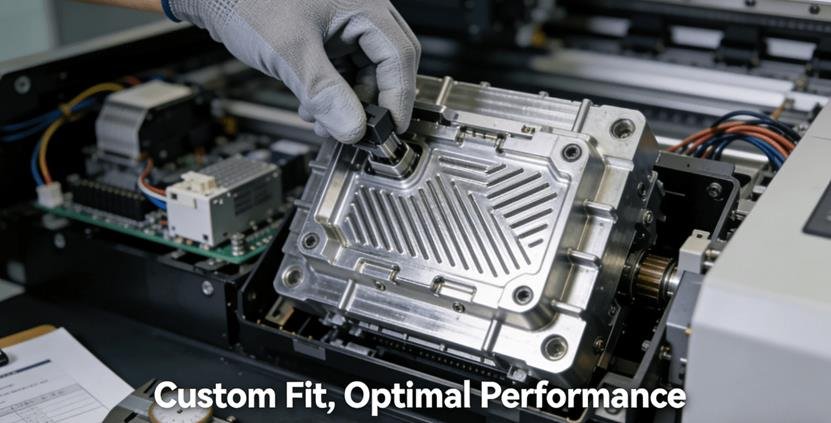 A technician installing a custom CNC machined component (a non-standard paper feed roller) into a digital printing press module.